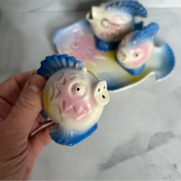 Vintage Kitsch Porcelain Fish Cruet Set 1950s 1960s - 5 Piece Set Tray Japan - Picture 10 of 14